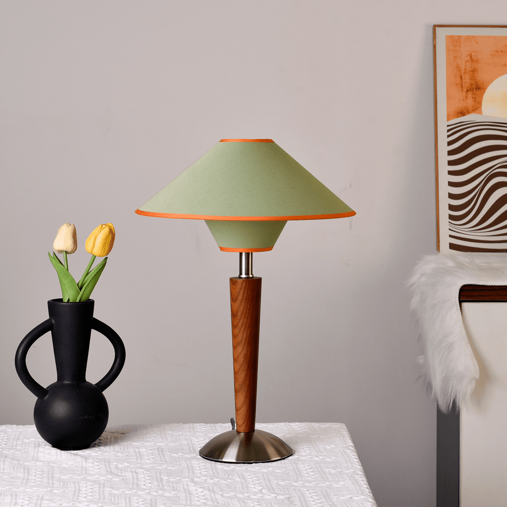 Table Lamp with Solid Wood Column and Fabric Shade Brown