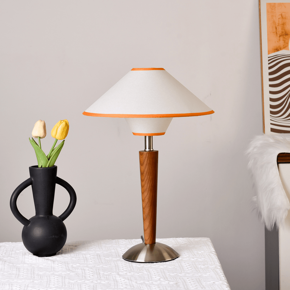 Table Lamp with Solid Wood Column and Fabric Shade Brown