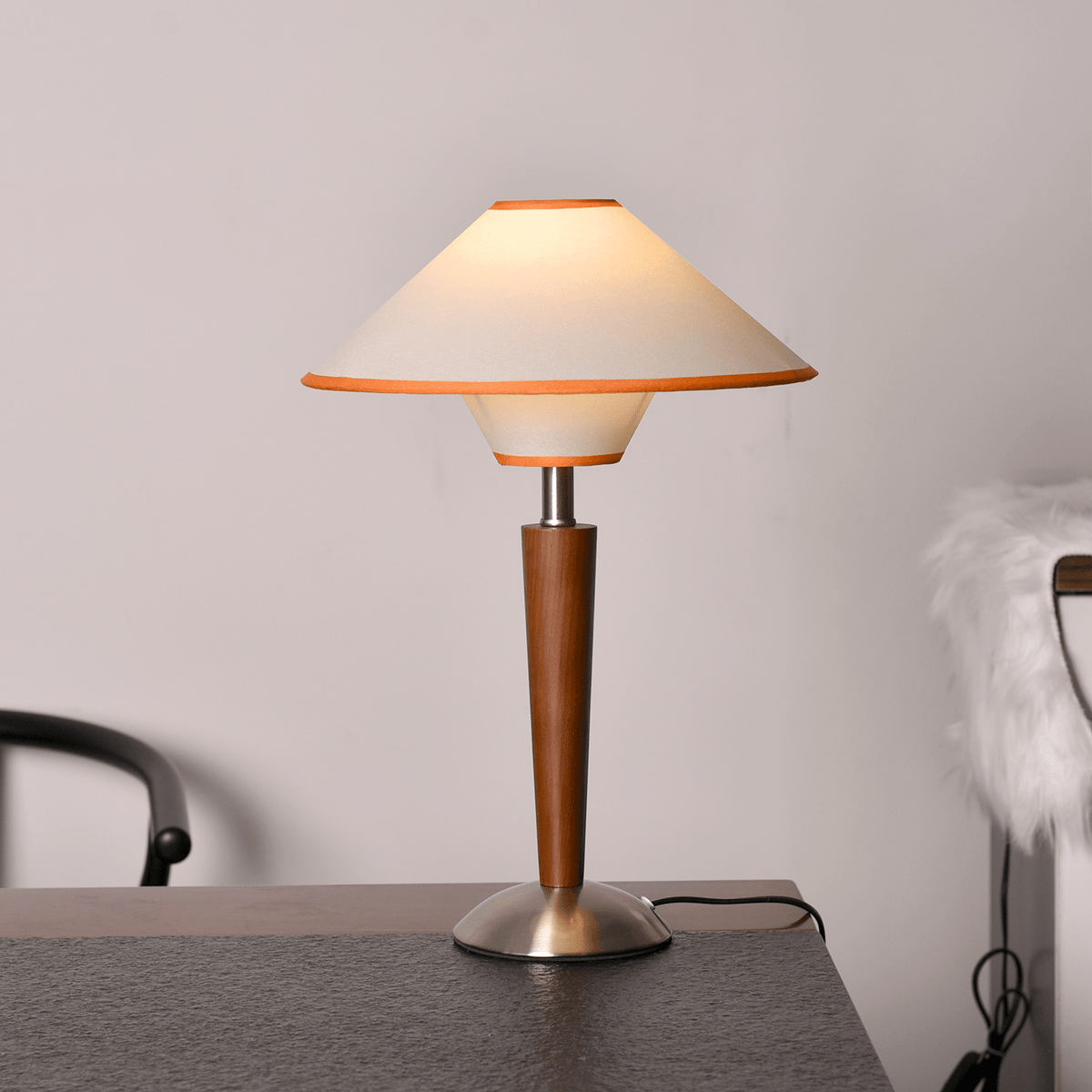 Table Lamp with Solid Wood Column and Fabric Shade Brown