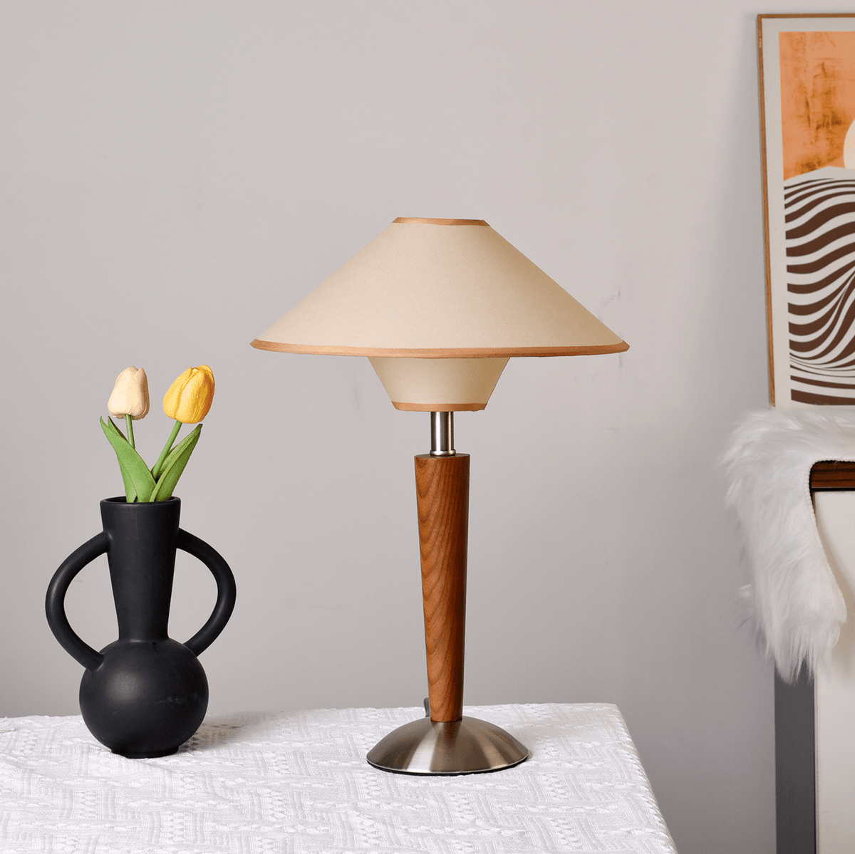 Table Lamp with Solid Wood Column and Fabric Shade Brown