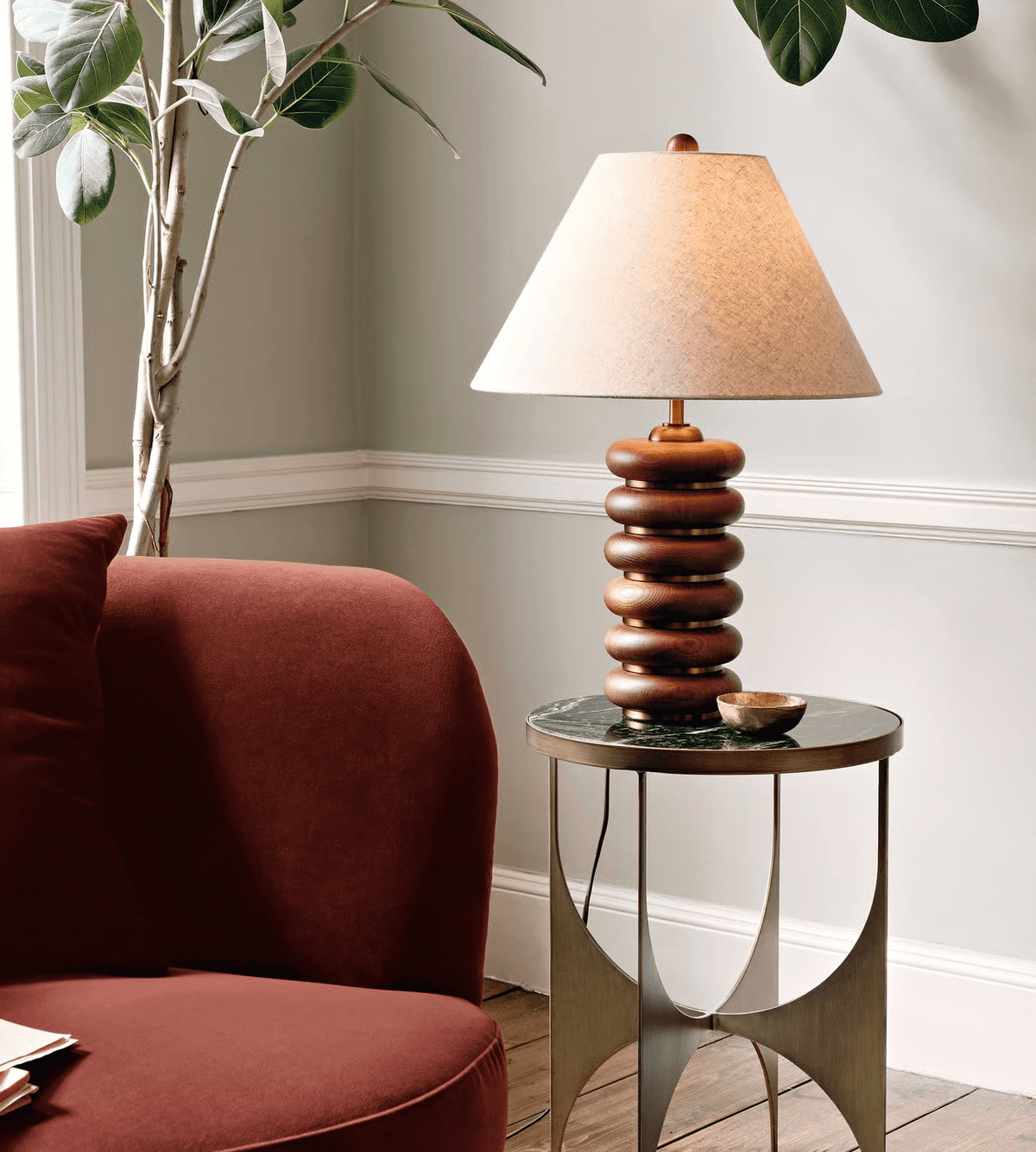 Table Lamp 17.7 Inches Oak Base Brass Accents Linen Shade