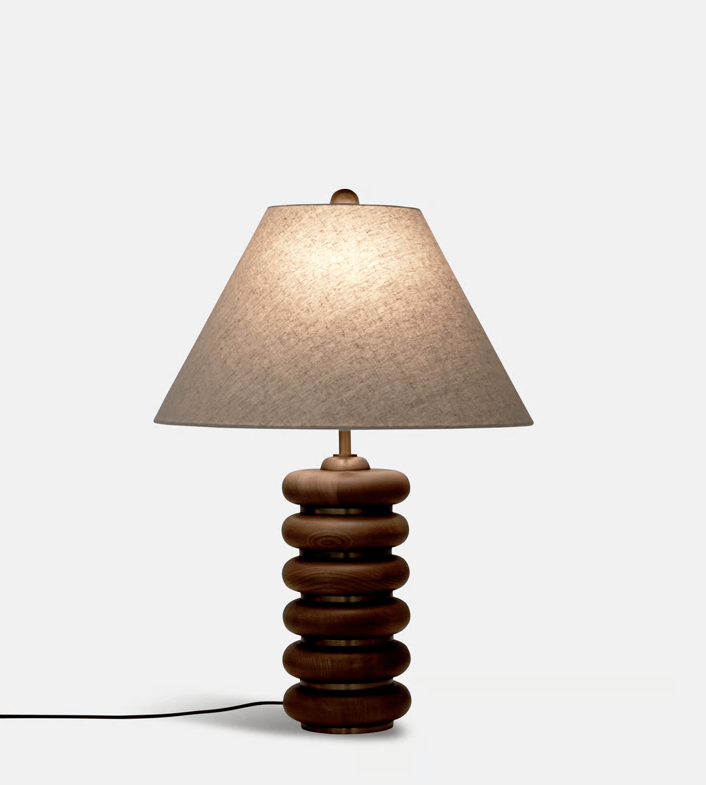 Table Lamp 17.7 Inches Oak Base Brass Accents Linen Shade