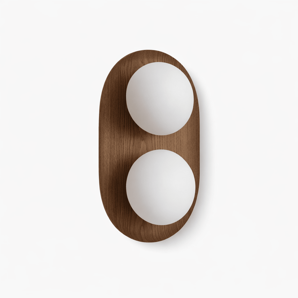 Wall Lamp 12.2 or 16.1 Inches 2 Glass Globes Wood Backplate