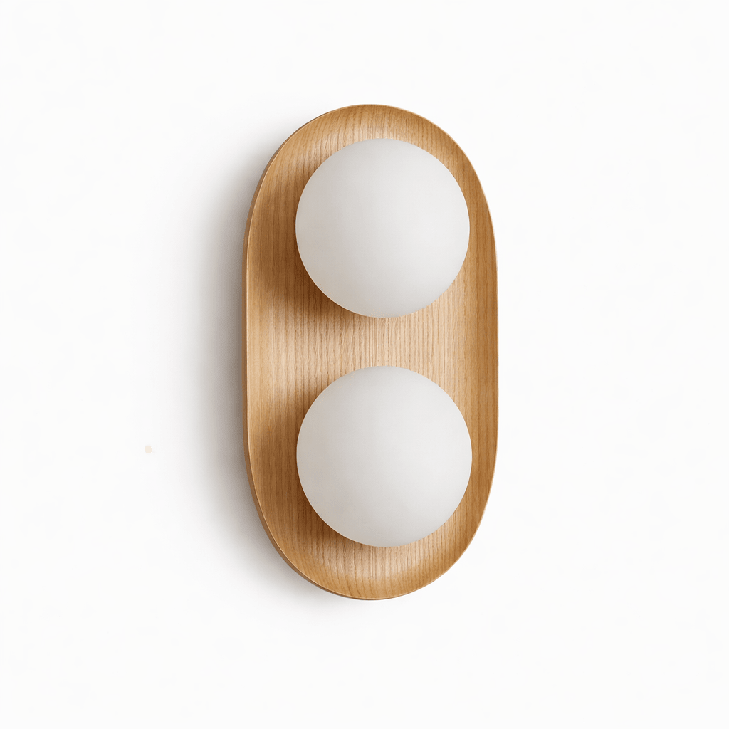 Wall Lamp 12.2 or 16.1 Inches 2 Glass Globes Wood Backplate