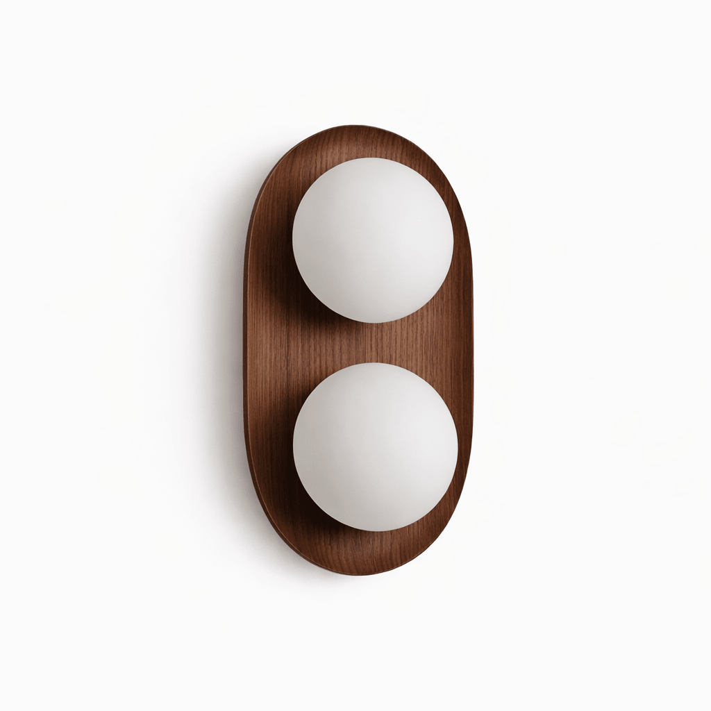 Wall Lamp 12.2 or 16.1 Inches 2 Glass Globes Wood Backplate