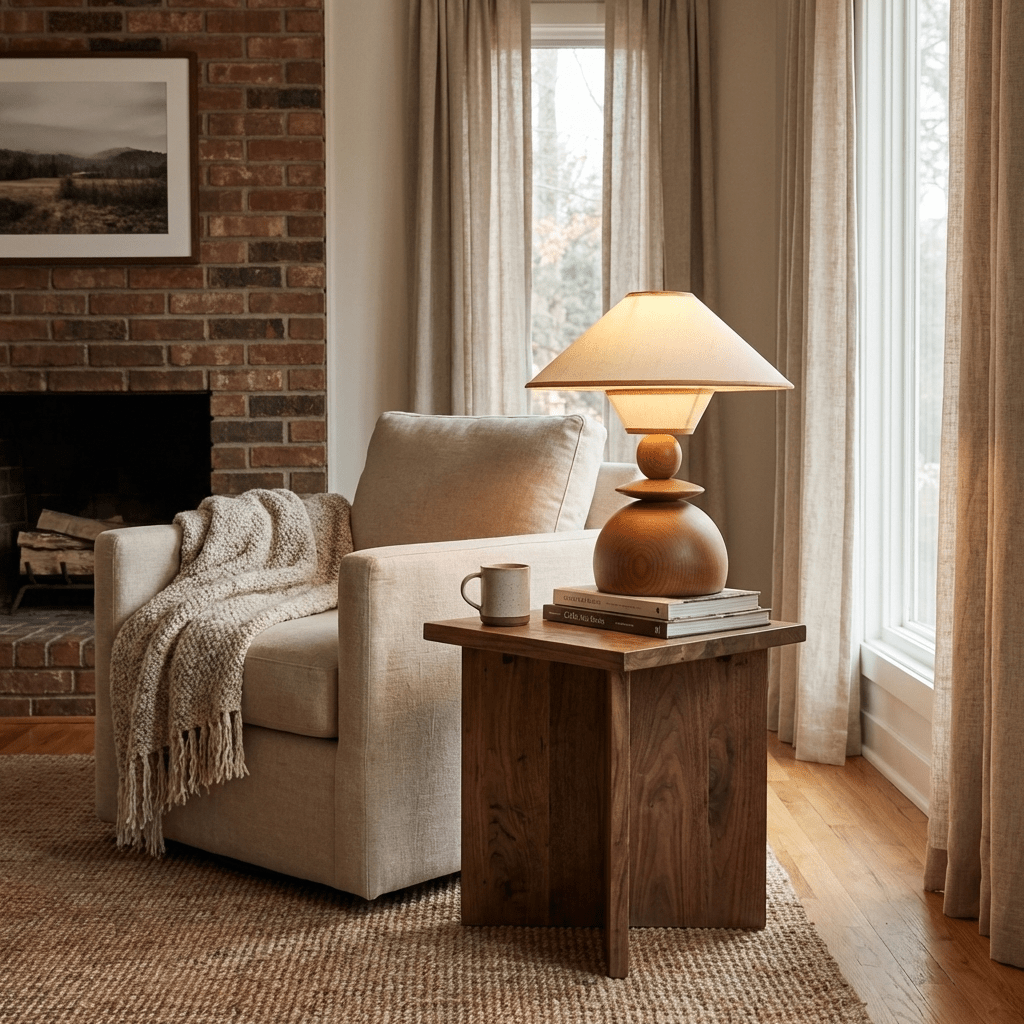 Table Lamp 13 Inches Sculpted Wood Base Fabric Shade