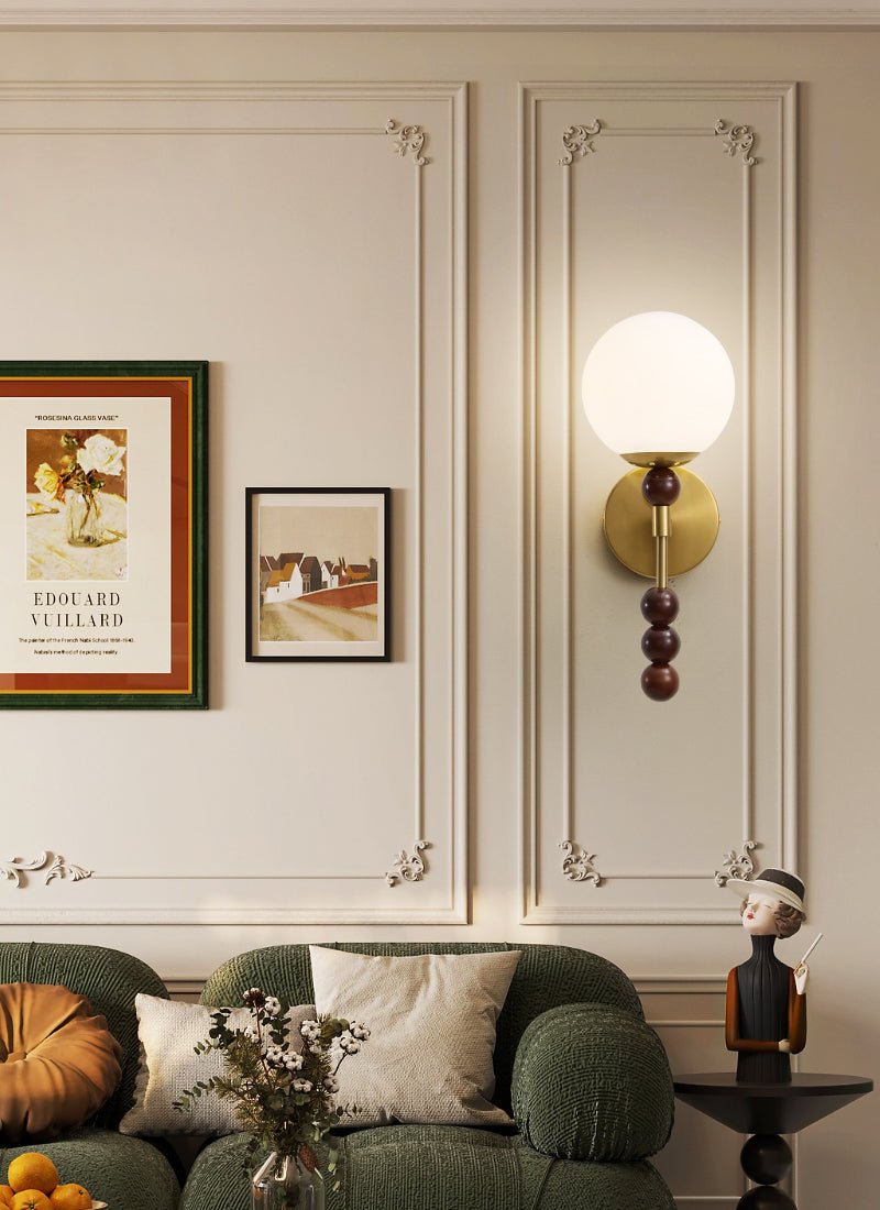 Wall Sconce 16.5 Inches Globe Glass Shade Stacked Wood Base