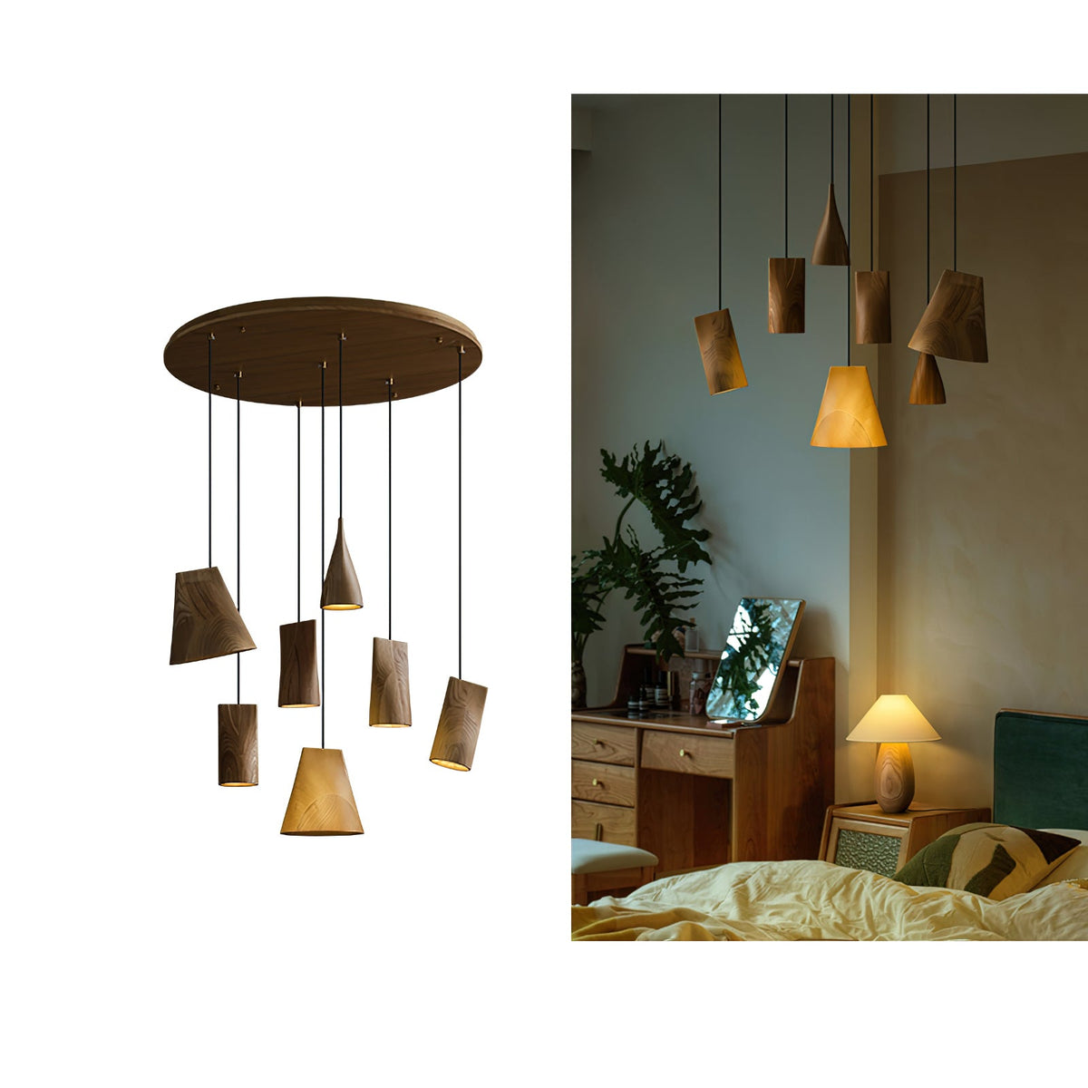 Wood Pendant Light 4 Mode 2 Head Clusters