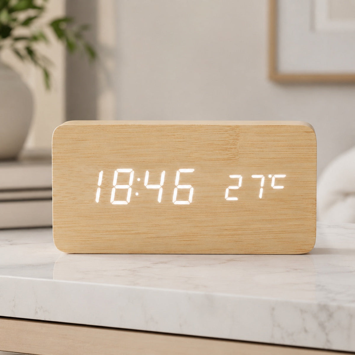 Digital Alarm Clock LED Wood Look Adjustable Brightness
