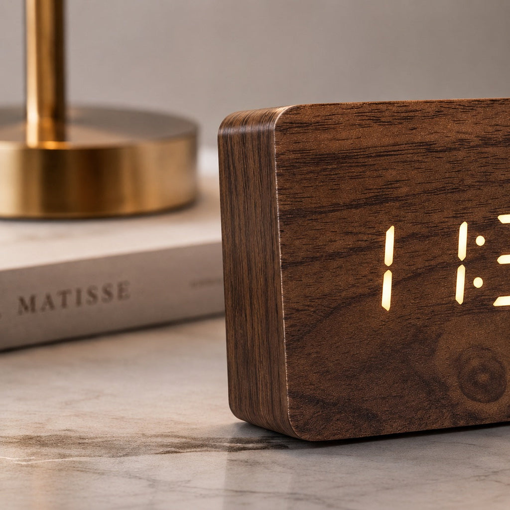 Digital Alarm Clock LED Wood Look Adjustable Brightness
