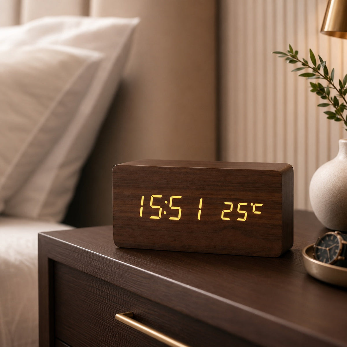 Digital Alarm Clock LED Wood Look Adjustable Brightness