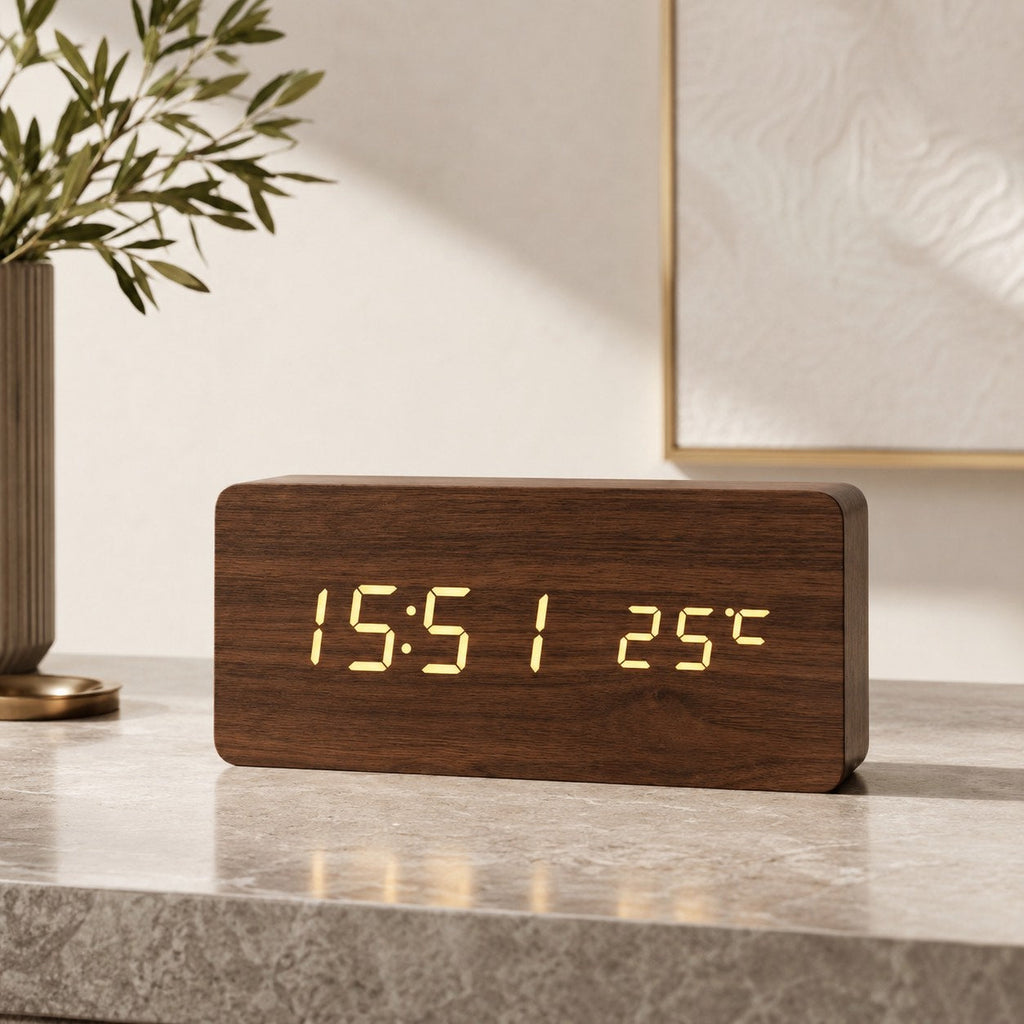 Digital Alarm Clock LED Wood Look Adjustable Brightness