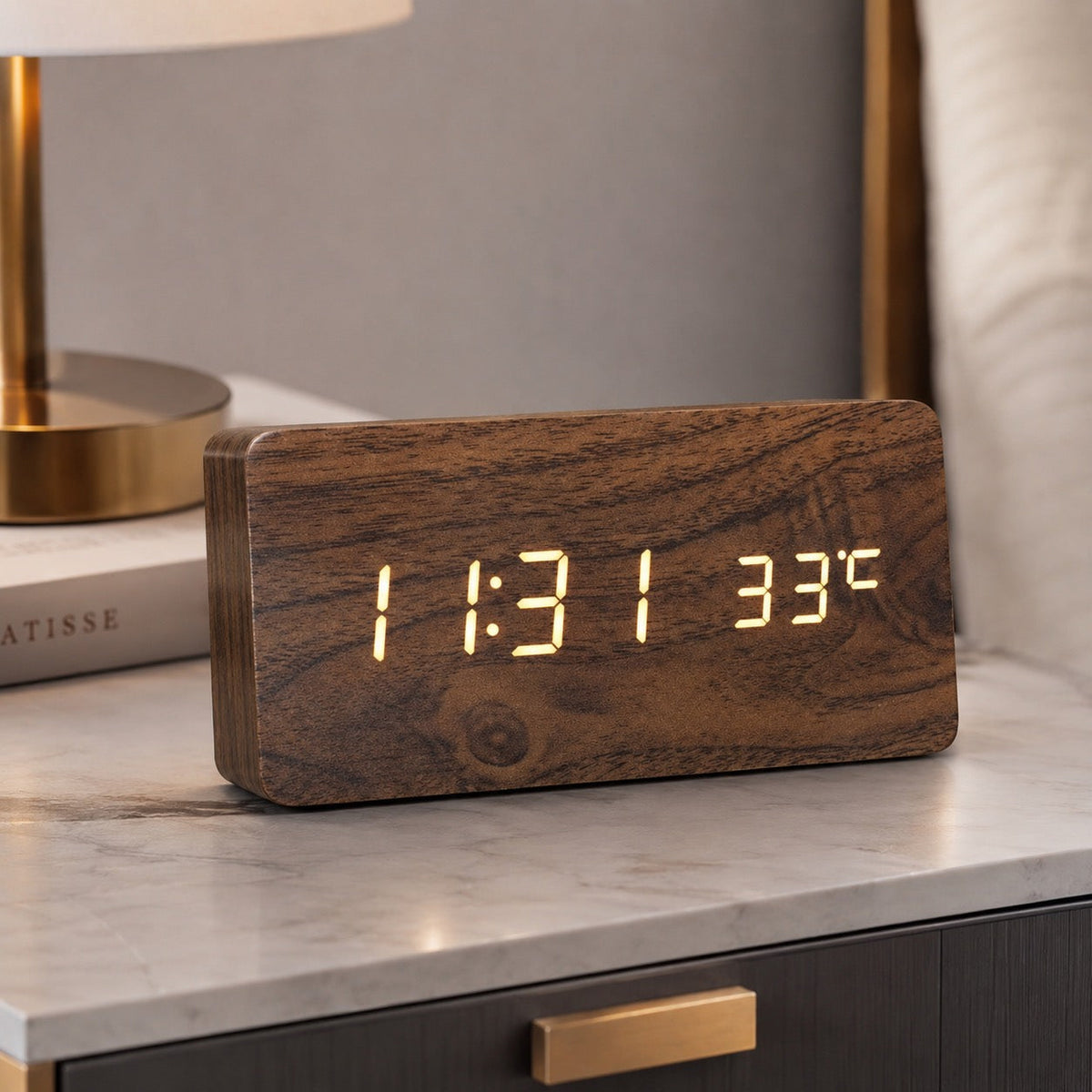 Digital Alarm Clock LED Wood Look Adjustable Brightness