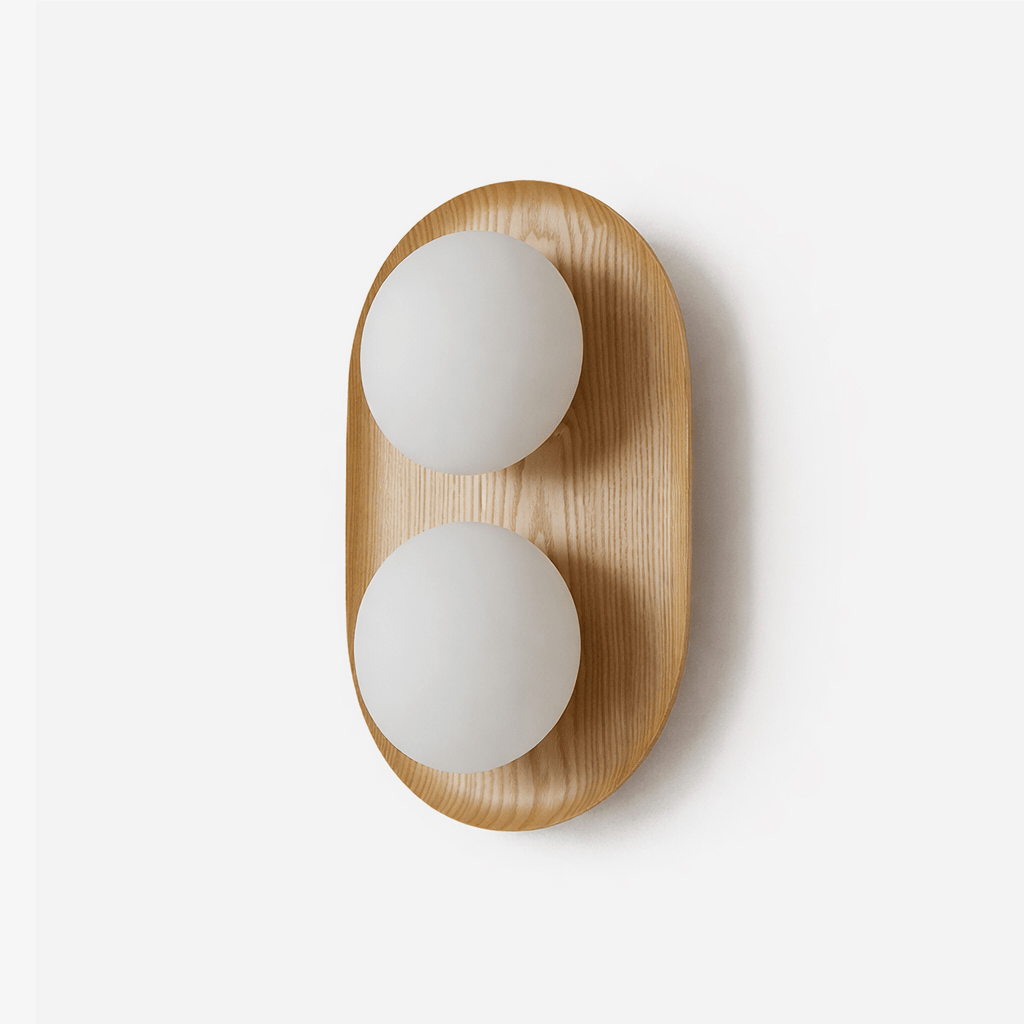 Wall Lamp 12.2 or 16.1 Inches 2 Glass Globes Wood Backplate