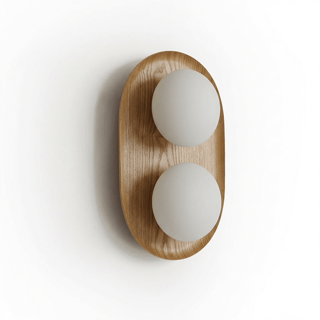 Wall Lamp 12.2 or 16.1 Inches 2 Glass Globes Wood Backplate