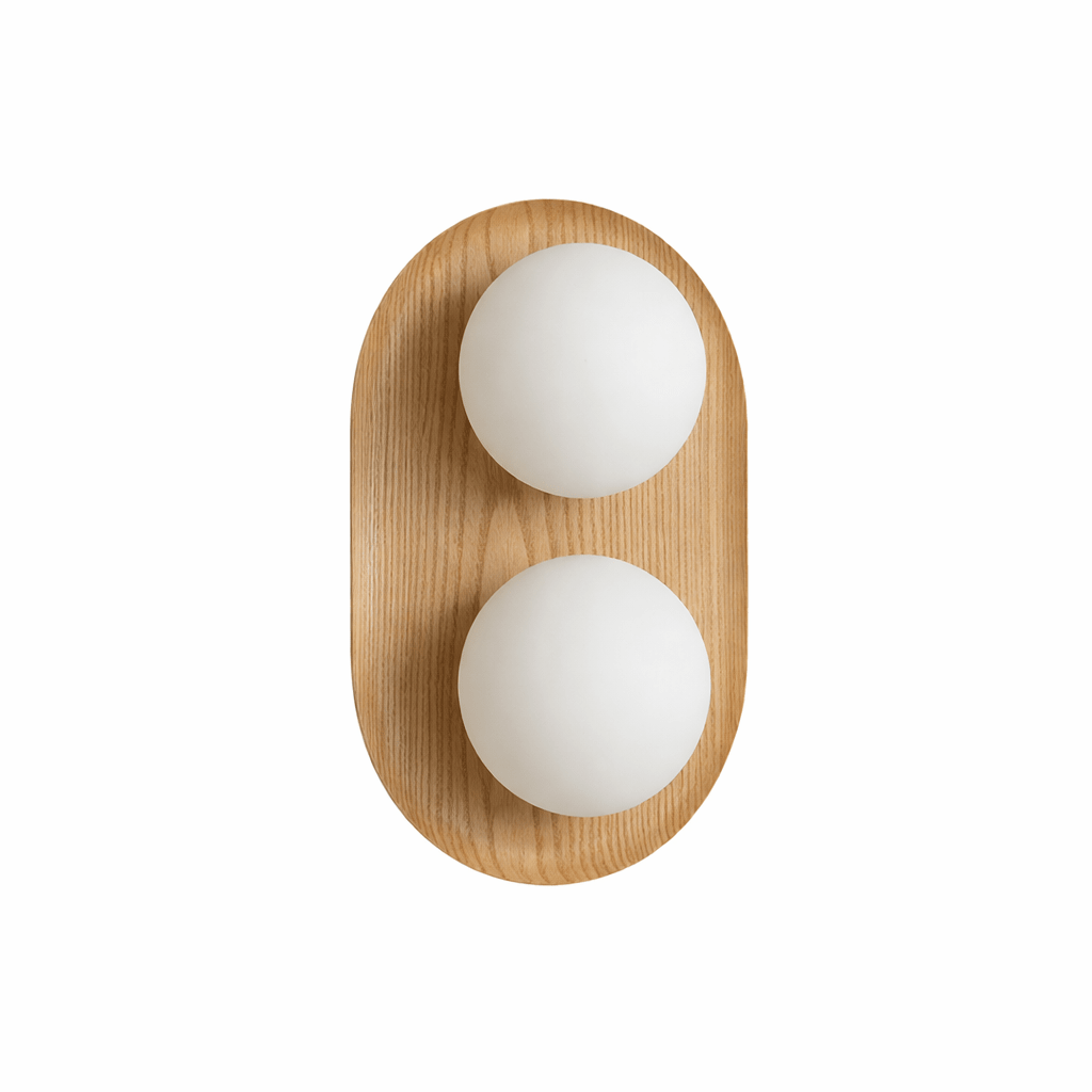 Wall Lamp 12.2 or 16.1 Inches 2 Glass Globes Wood Backplate