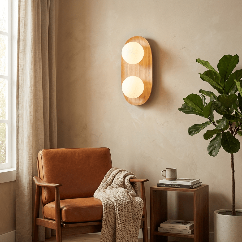 Wall Lamp 12.2 or 16.1 Inches 2 Glass Globes Wood Backplate