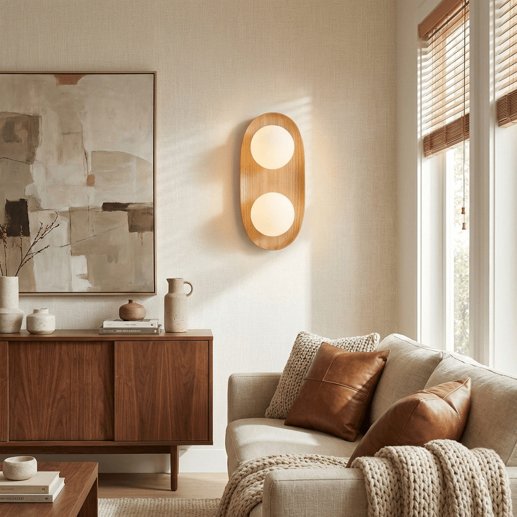 Wall Lamp 12.2 or 16.1 Inches 2 Glass Globes Wood Backplate