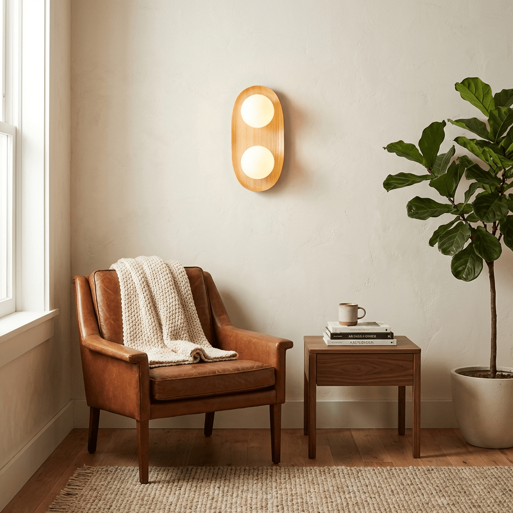 Wall Lamp 12.2 or 16.1 Inches 2 Glass Globes Wood Backplate