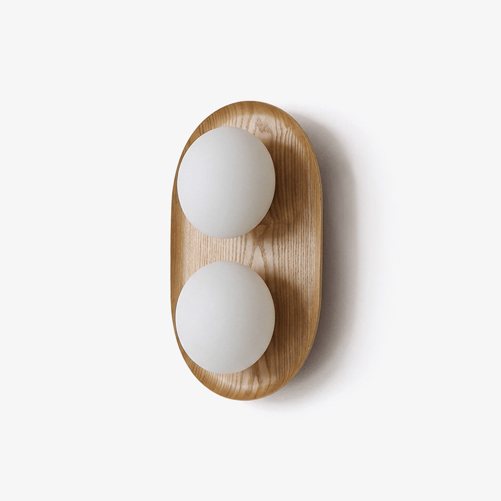 Wall Lamp 12.2 or 16.1 Inches 2 Glass Globes Wood Backplate