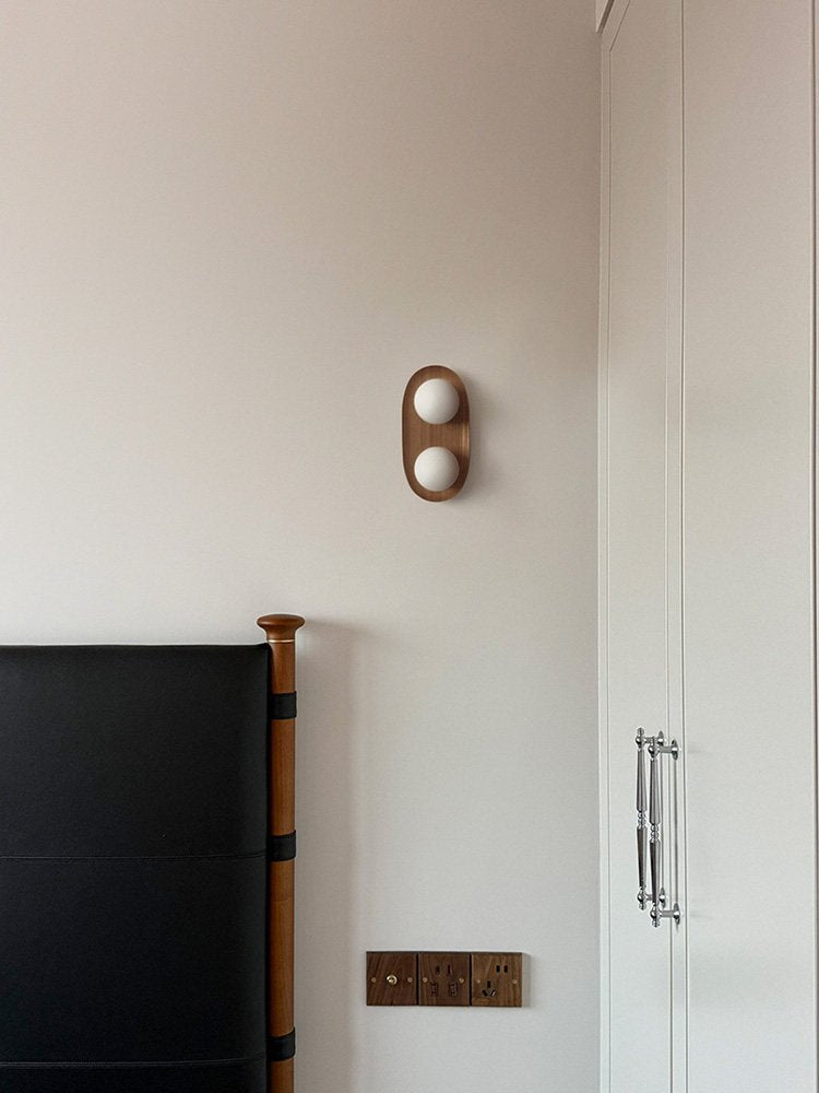 Wall Lamp 12.2 or 16.1 Inches 2 Glass Globes Wood Backplate