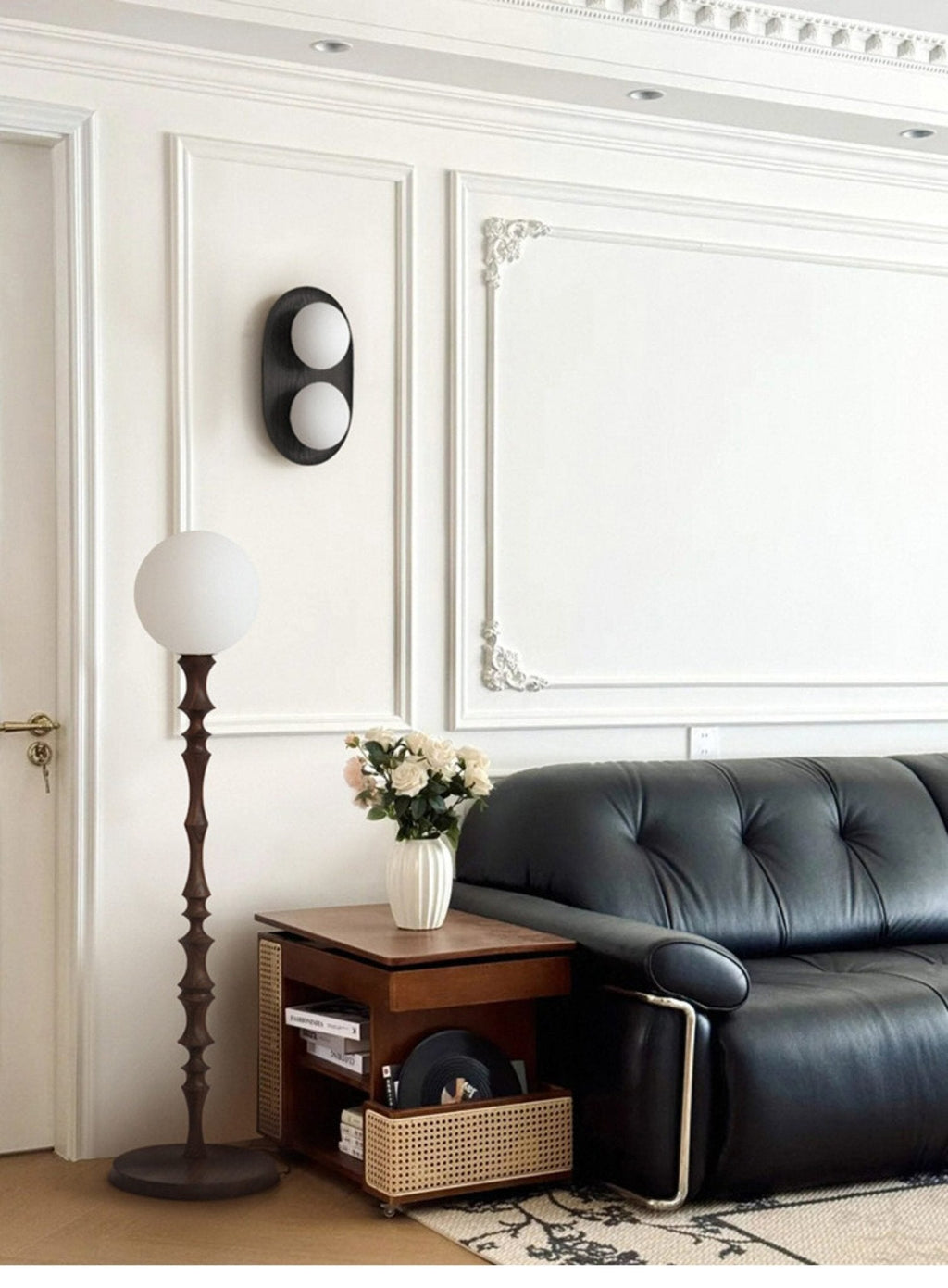 Wall Lamp 12.2 or 16.1 Inches 2 Glass Globes Wood Backplate
