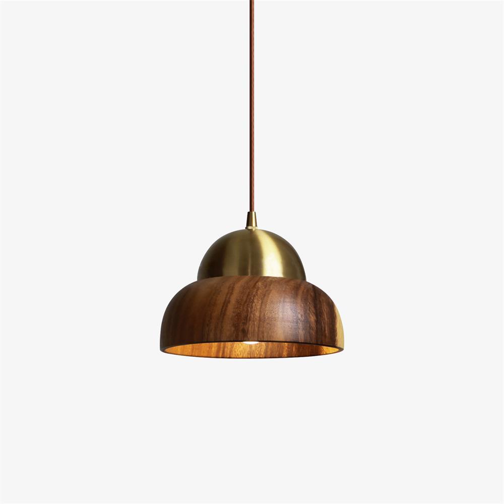 Pendant Light 6.3 Inches Hand Turned Wood Shade Brass