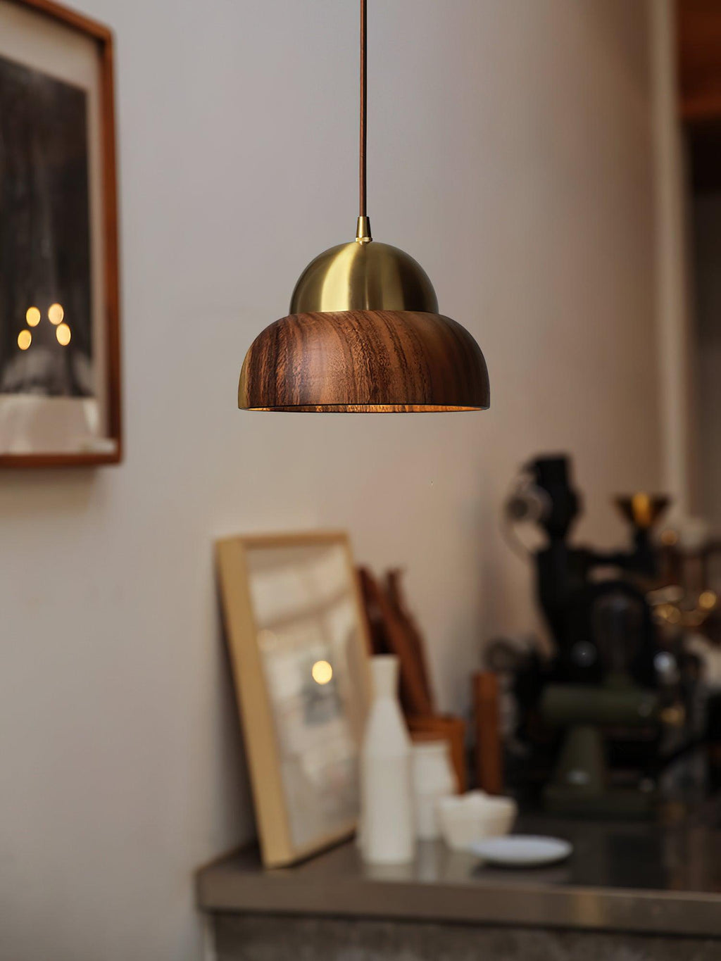 Pendant Light 6.3 Inches Hand Turned Wood Shade Brass