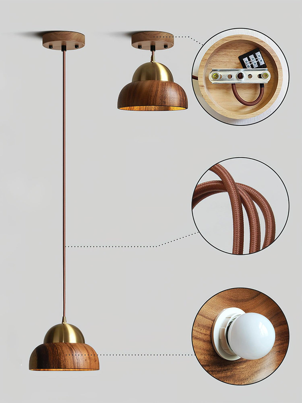 Pendant Light 6.3 Inches Hand Turned Wood Shade Brass