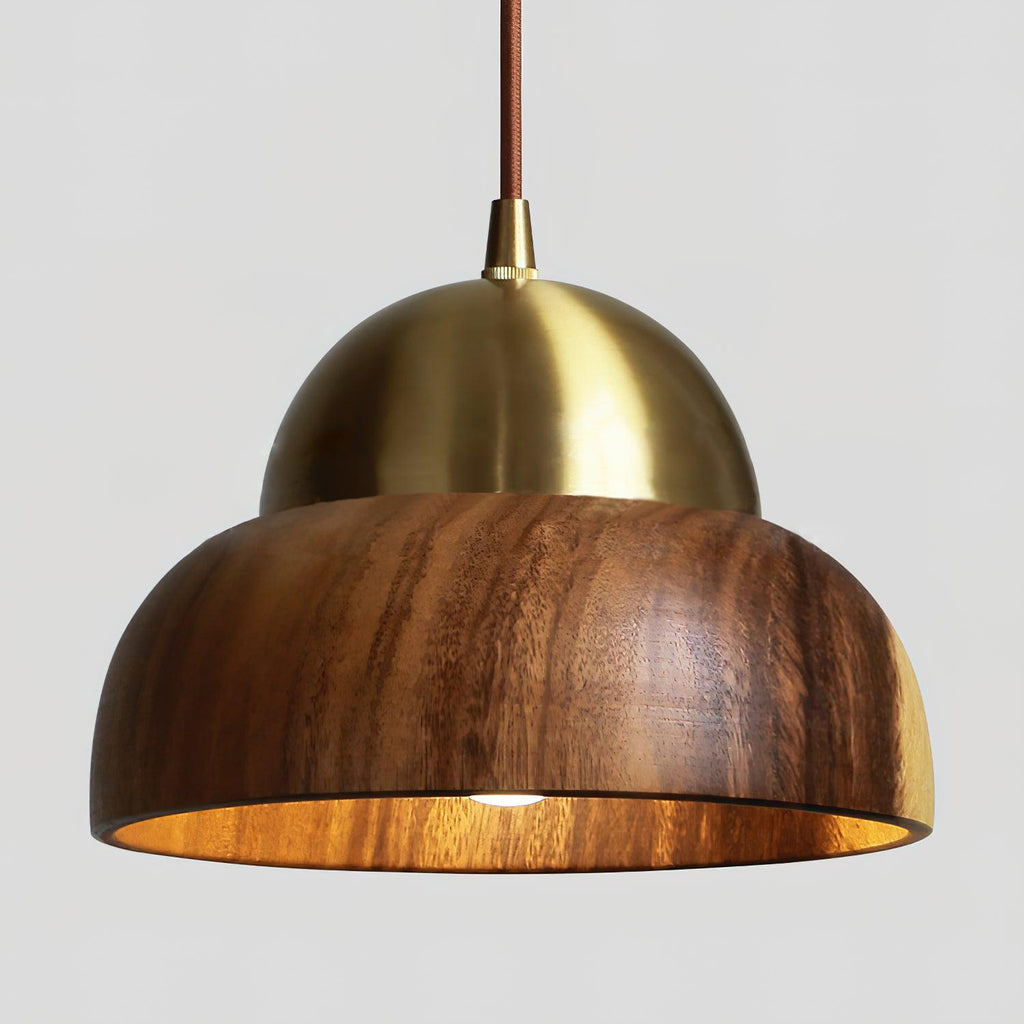 Pendant Light 6.3 Inches Hand Turned Wood Shade Brass