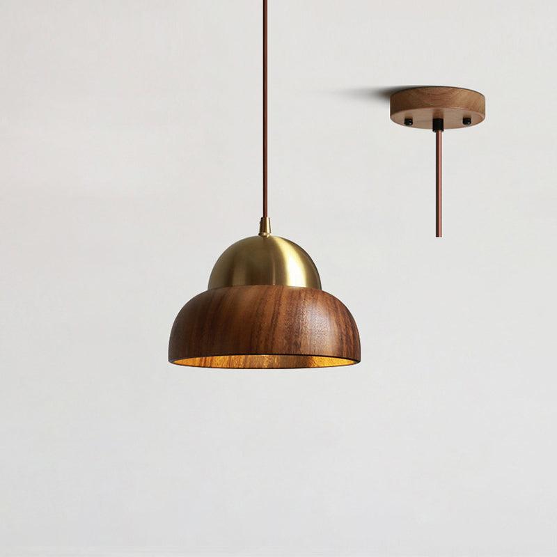 Pendant Light 6.3 Inches Hand Turned Wood Shade Brass