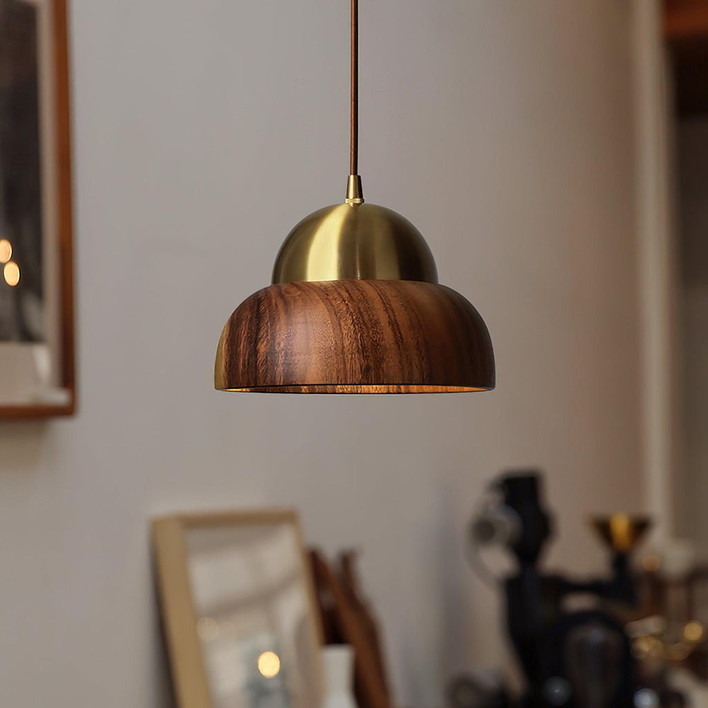 Pendant Light 6.3 Inches Hand Turned Wood Shade Brass