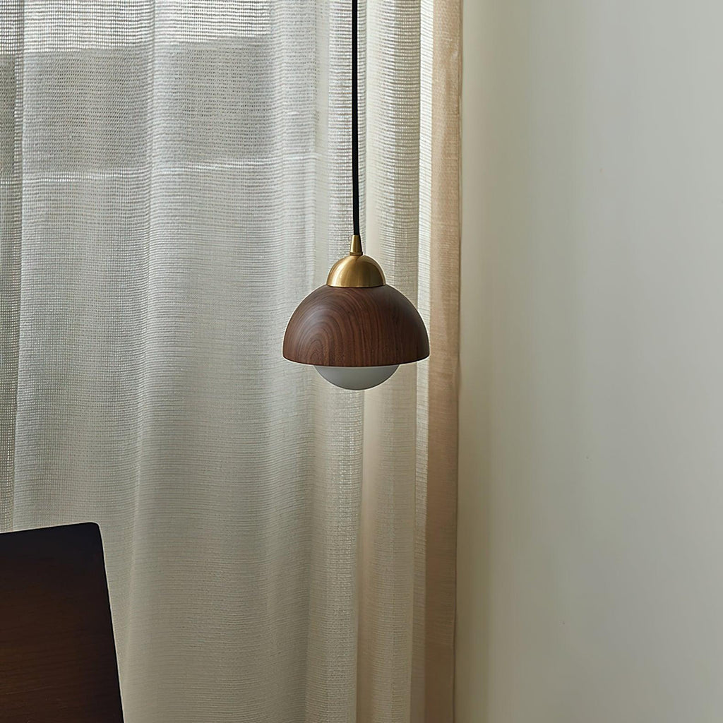 Pendant Light 6.3 Inches Hand Turned Wood Shade Brass