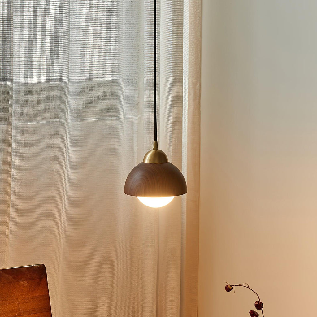 Pendant Light 6.3 Inches Hand Turned Wood Shade Brass
