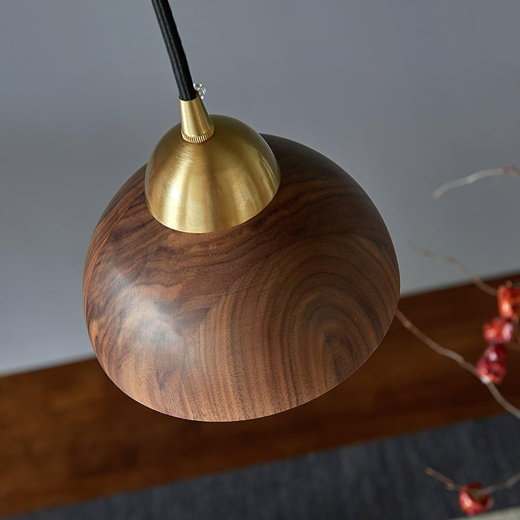 Pendant Light 6.3 Inches Hand Turned Wood Shade Brass