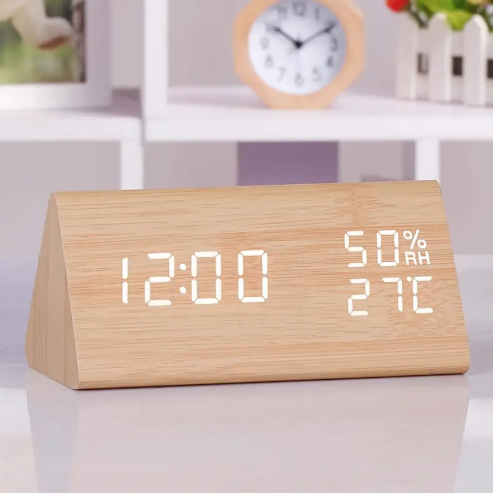 Digital Alarm Clock LED Triangle Design 3 Alarms Wood Texture