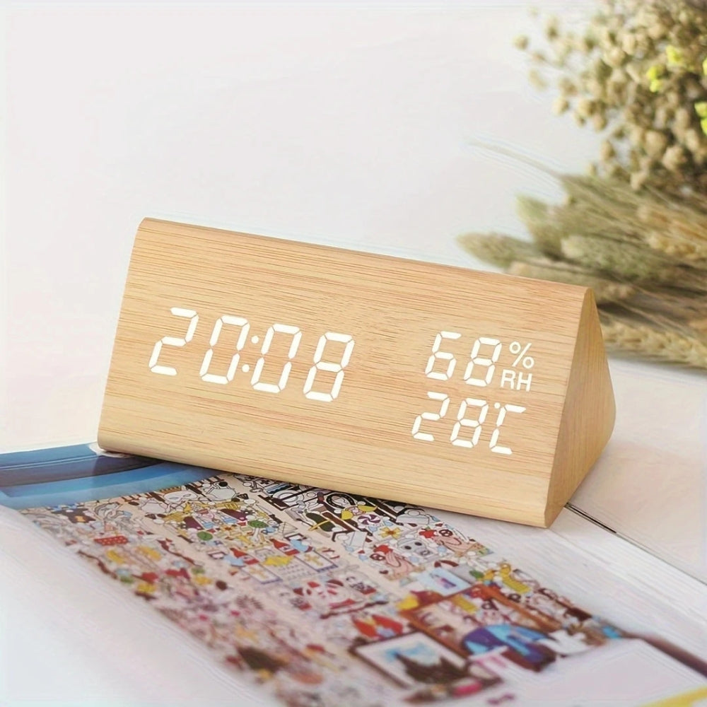 Digital Alarm Clock LED Triangle Design 3 Alarms Wood Texture
