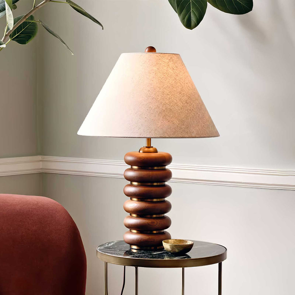 Table Lamp 17.7 Inches Oak Base Brass Accents Linen Shade