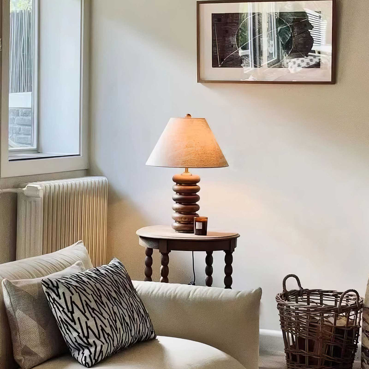 Table Lamp 17.7 Inches Oak Base Brass Accents Linen Shade