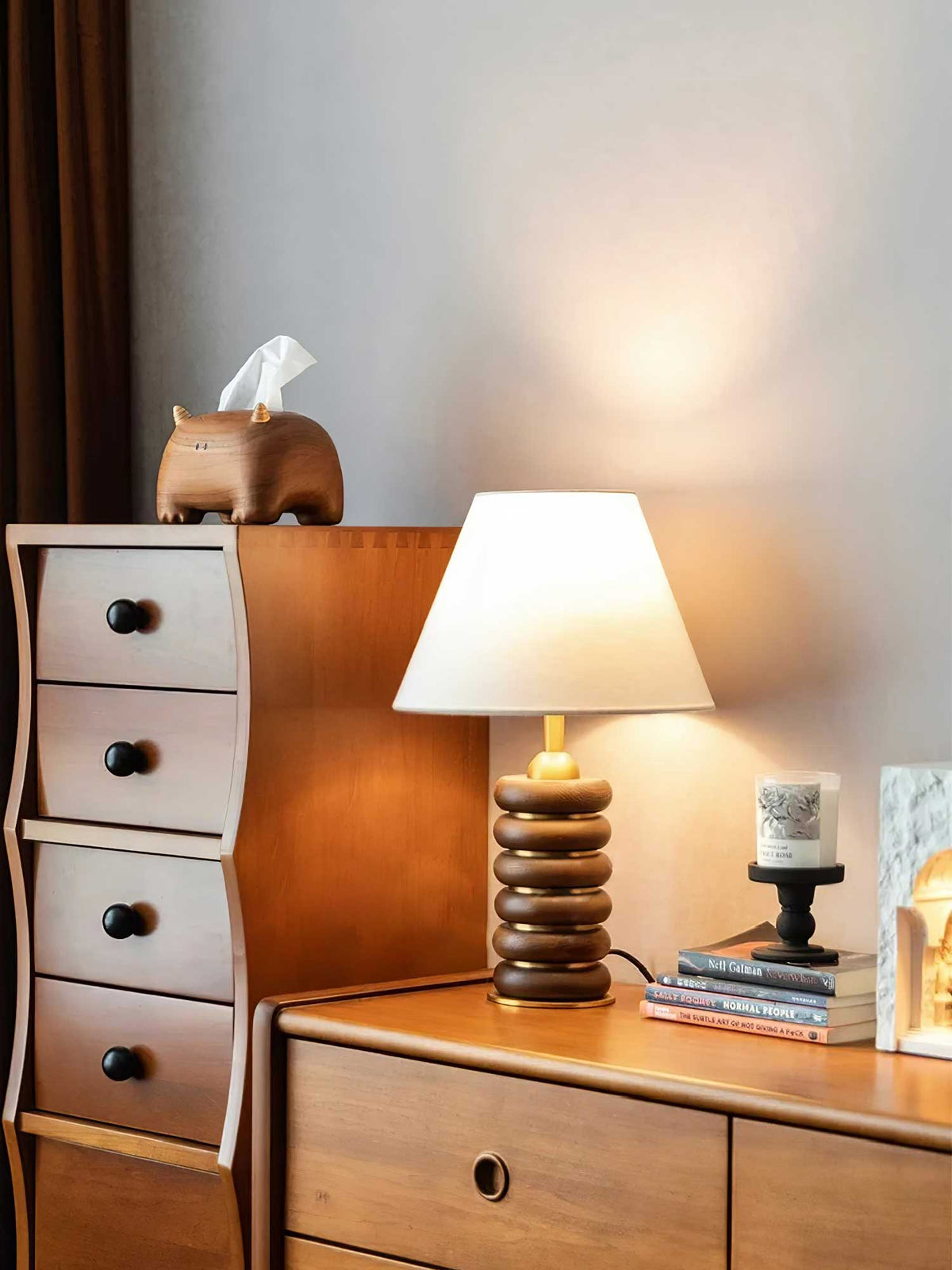 Table Lamp 17.7 Inches Oak Base Brass Accents Linen Shade