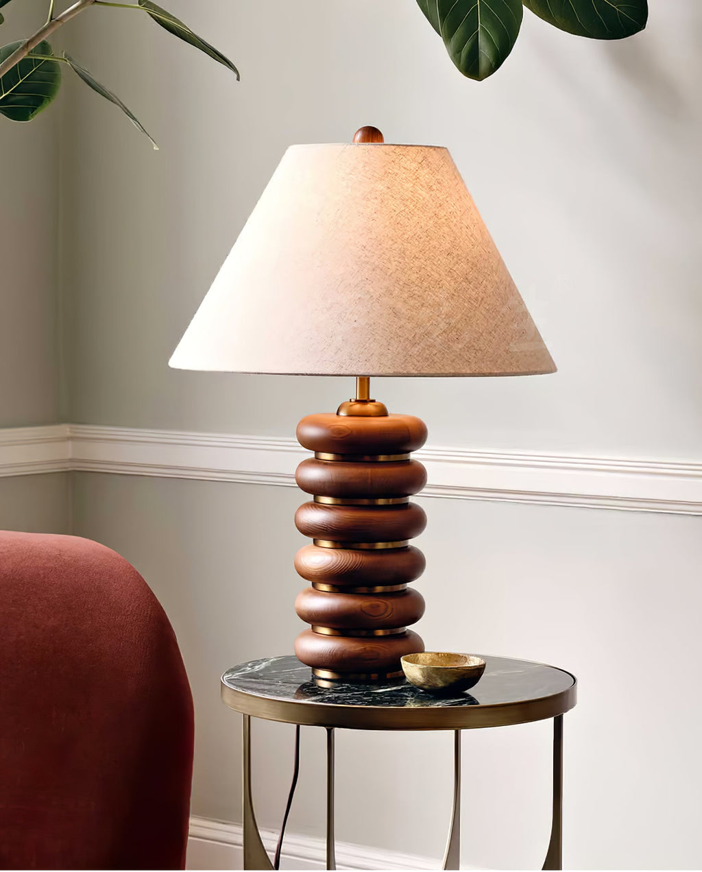 Table Lamp 17.7 Inches Oak Base Brass Accents Linen Shade