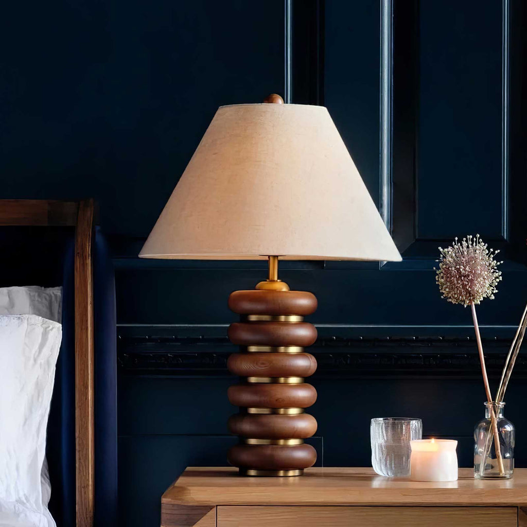 Table Lamp 17.7 Inches Oak Base Brass Accents Linen Shade
