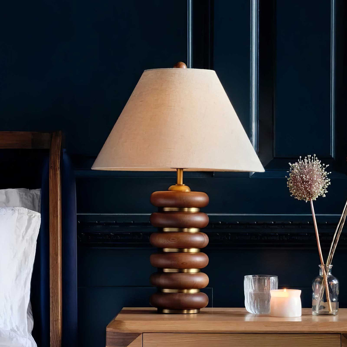 Table Lamp 17.7 Inches Oak Base Brass Accents Linen Shade