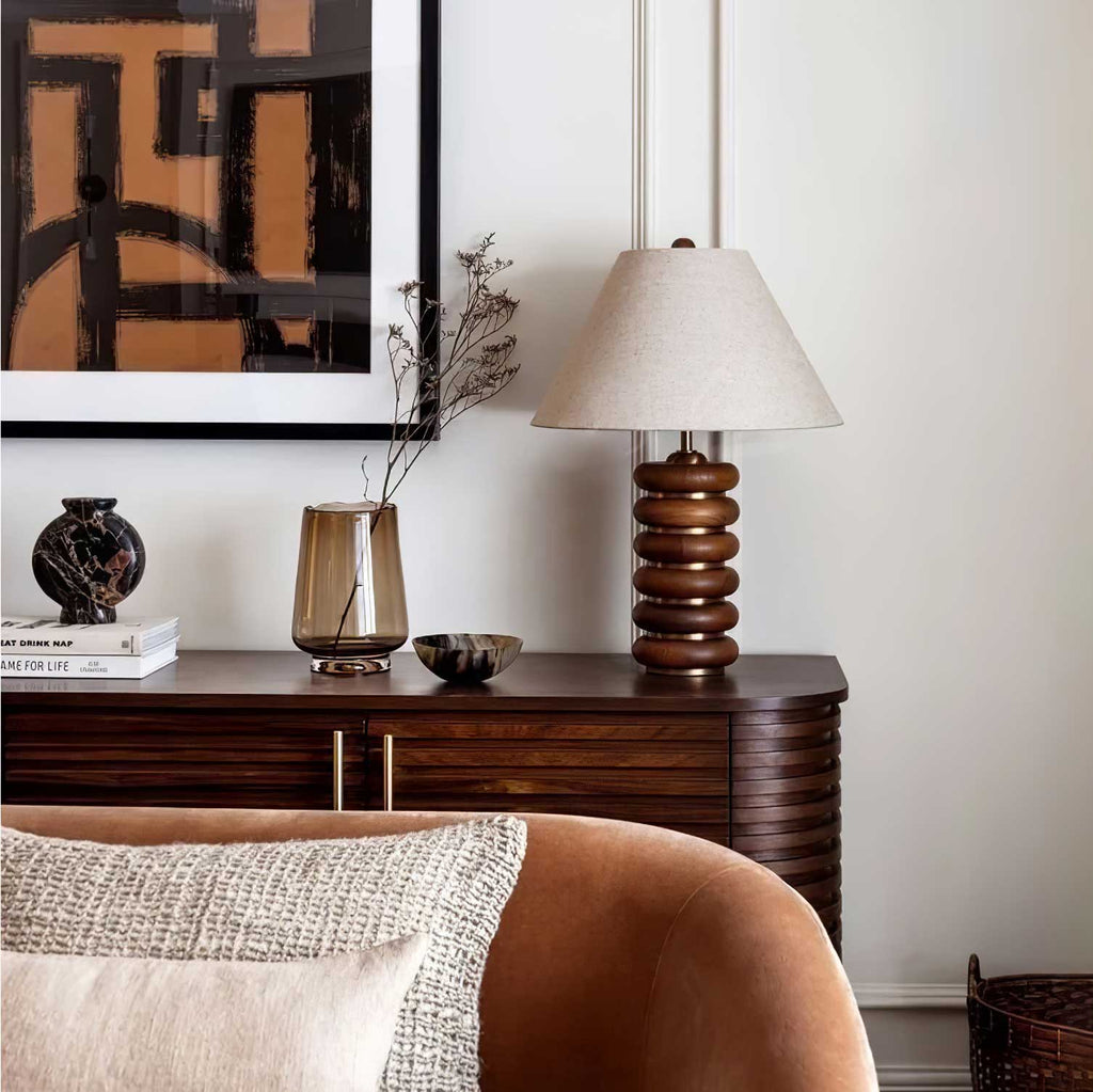 Table Lamp 17.7 Inches Oak Base Brass Accents Linen Shade
