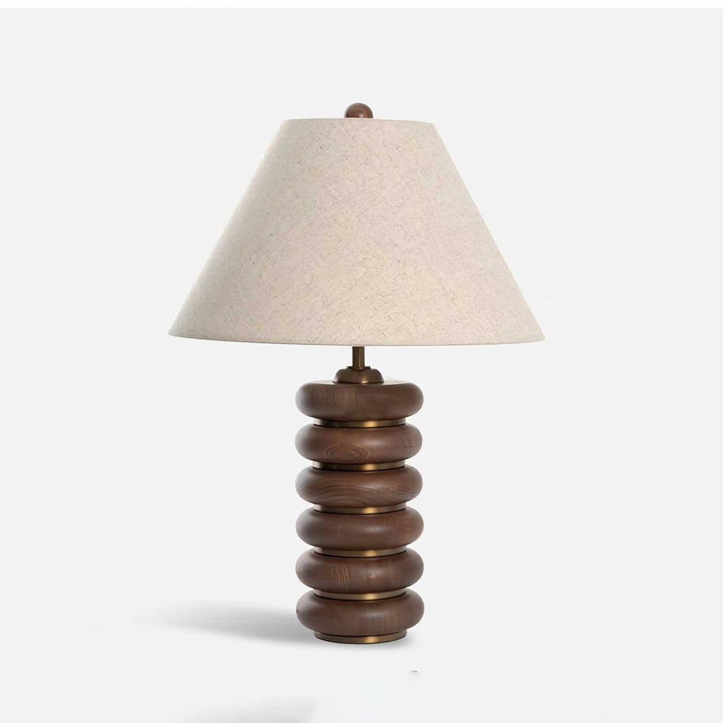 Table Lamp 17.7 Inches Oak Base Brass Accents Linen Shade
