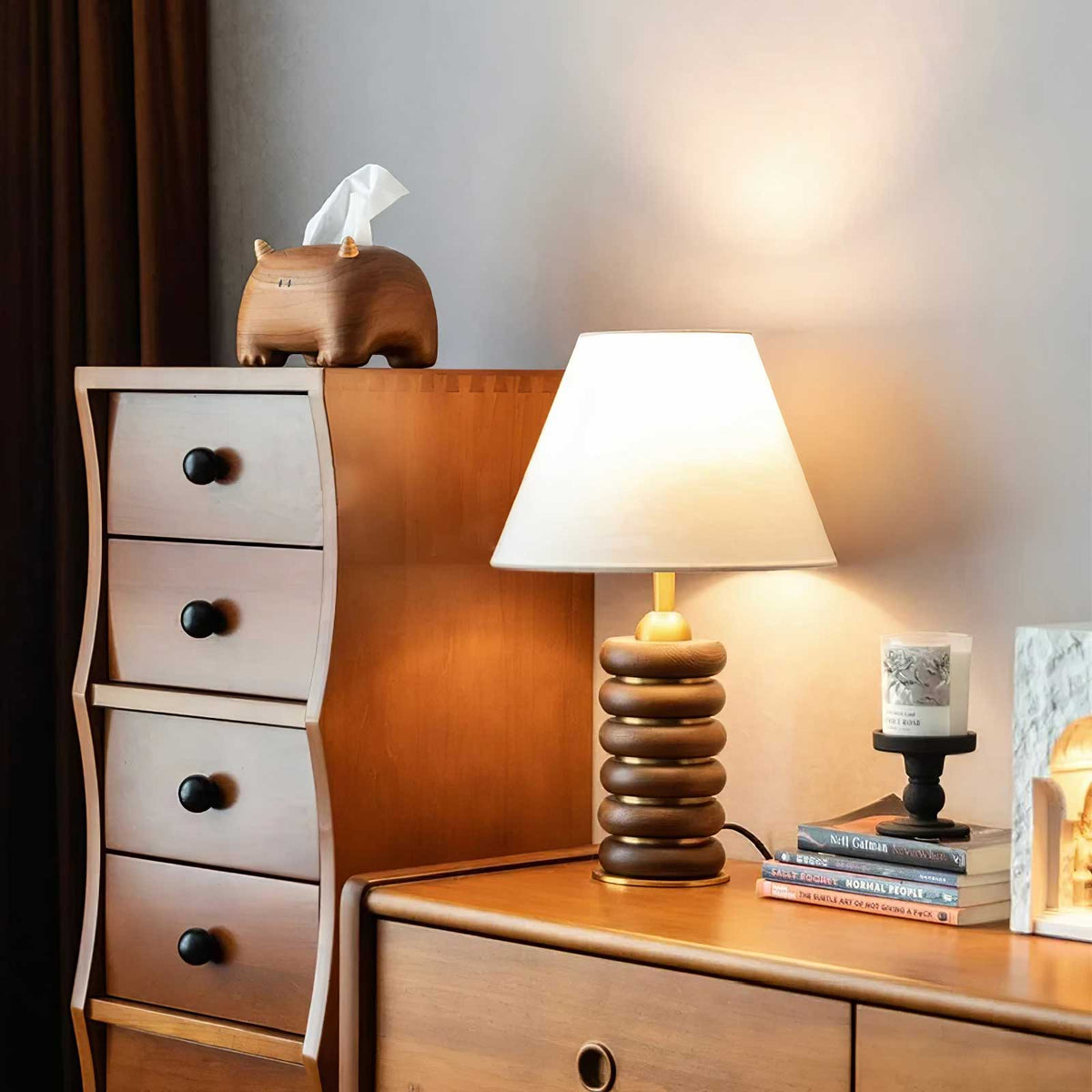 Table Lamp 17.7 Inches Oak Base Brass Accents Linen Shade