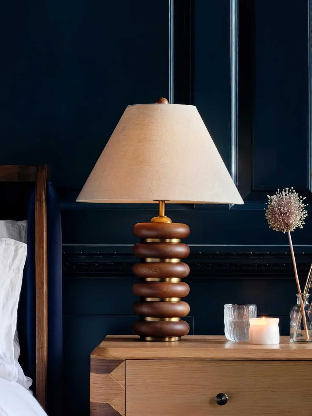 Table Lamp 17.7 Inches Oak Base Brass Accents Linen Shade