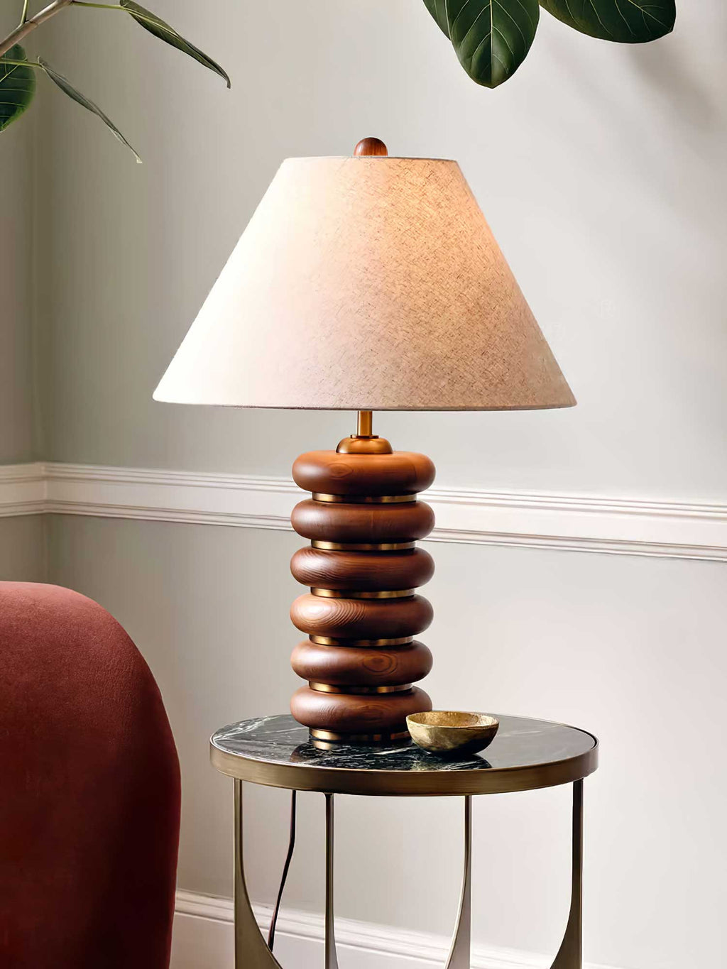 Table Lamp 17.7 Inches Oak Base Brass Accents Linen Shade