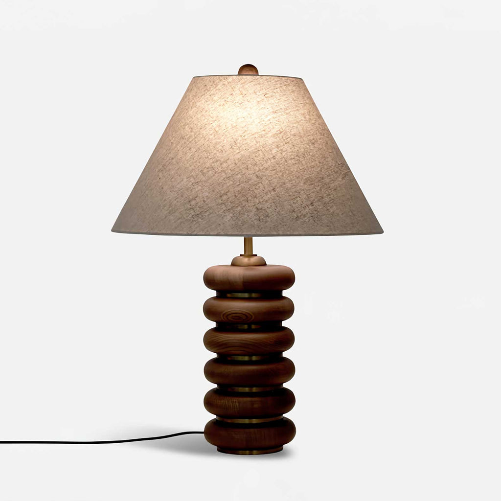 Table Lamp 17.7 Inches Oak Base Brass Accents Linen Shade