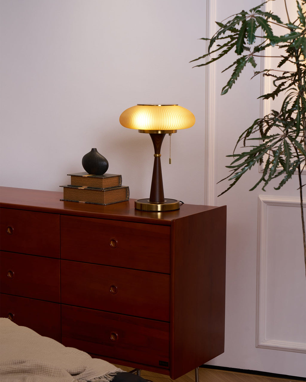 Mushroom Table Lamp 16.9 Inches Glass Shade Wood Base